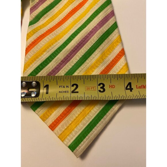 VTG Unbranded RN 13407 Green Orange White Multi Striped Seersucker Tie 51” Long - Picture 6 of 8